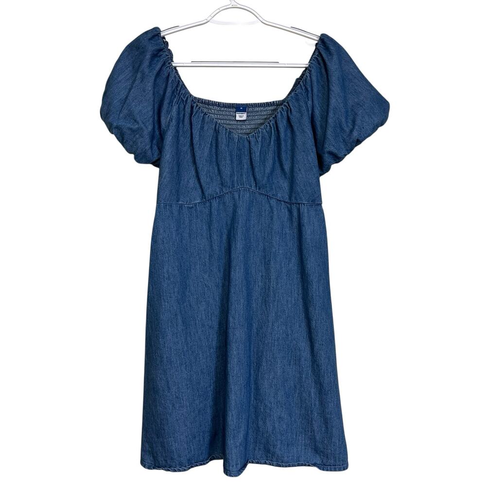 Old Navy Chambray Babydoll Dress Medium Blue Puff Sleeve Smocked Back Mini